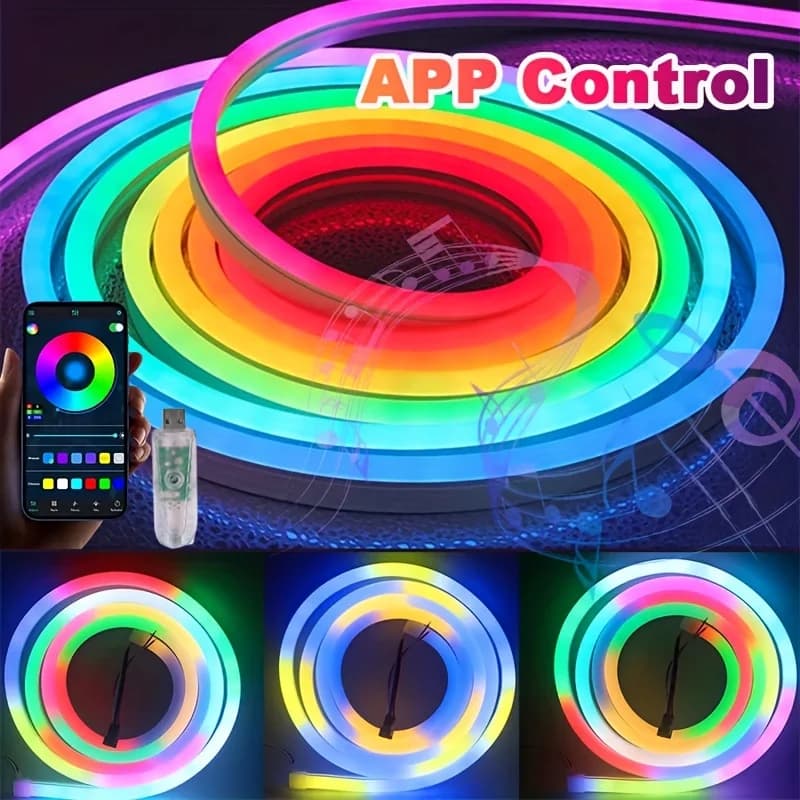 WS2812b Strisce luminose al neon LED RGBIC APP Cambia colore Sincronizzazione musicale Strisce luminose flessibili fai-da-te per decorazioni per l'atmosfera natalizia
