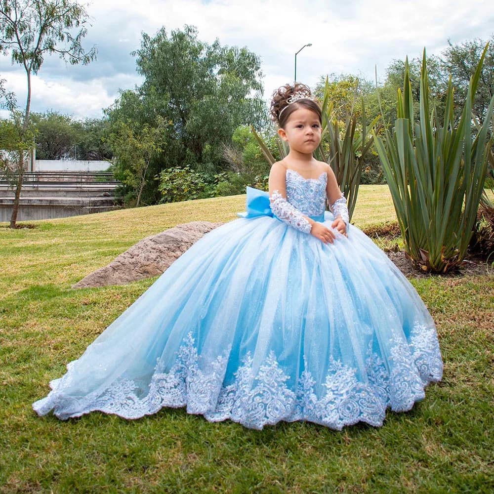 Abiti da ragazza di fiore con applicazioni in pizzo per matrimonio, maniche lunghe, lunghezza del pavimento, elegante ragazza, festa di compleanno, comunione, abito da festa