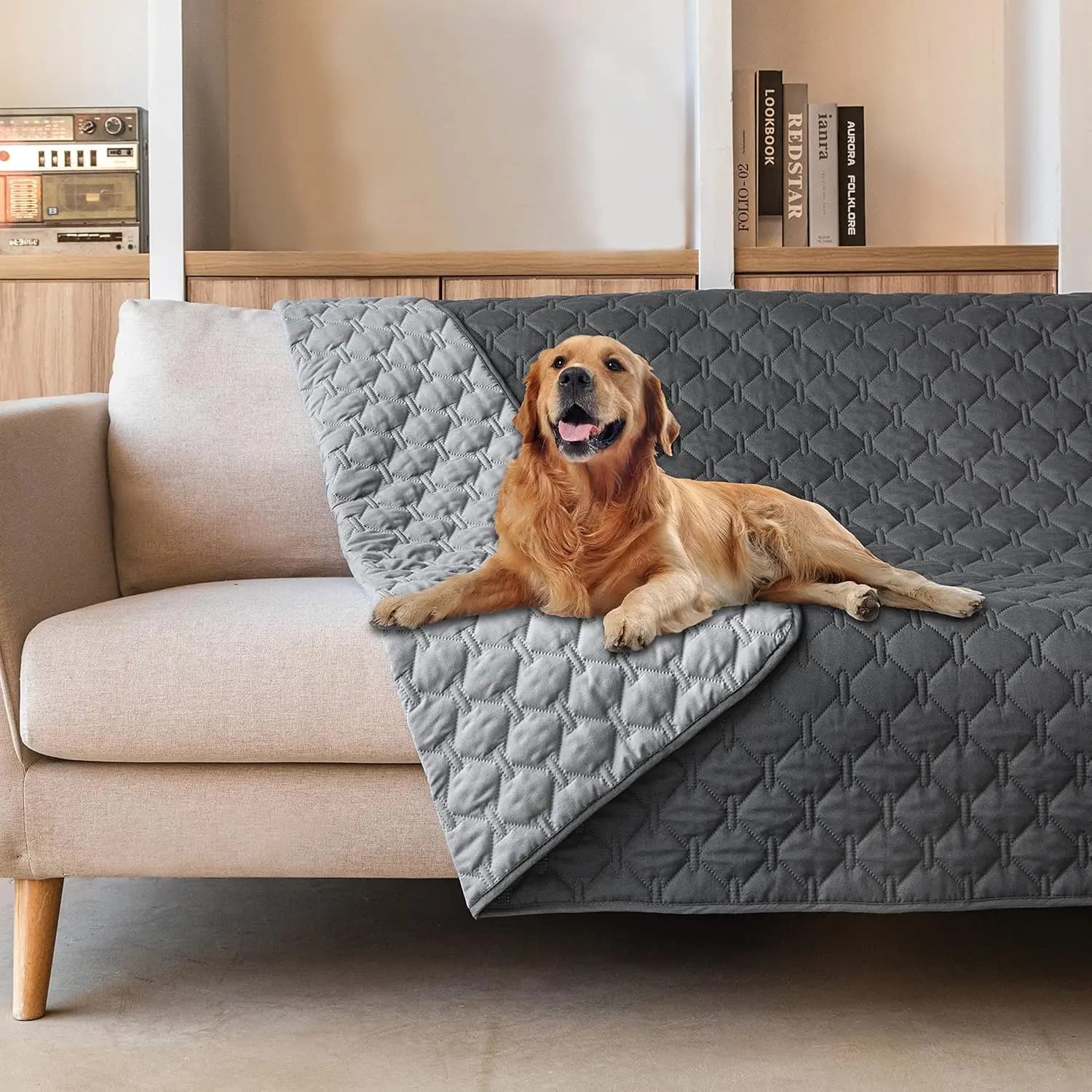 Copriletto per cani impermeabile reversibile, protezione per mobili per animali domestici di grandi dimensioni, grigio scuro/chiaro, 82x102 pollici