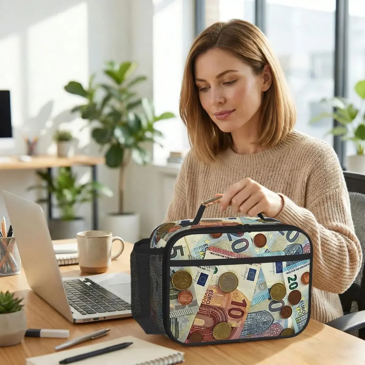 Euro Banknotes And Coins Insulated Lunch Bag for Women Office Cooler Thermal Food Box Tote Leakproof Lunch Boxes Container