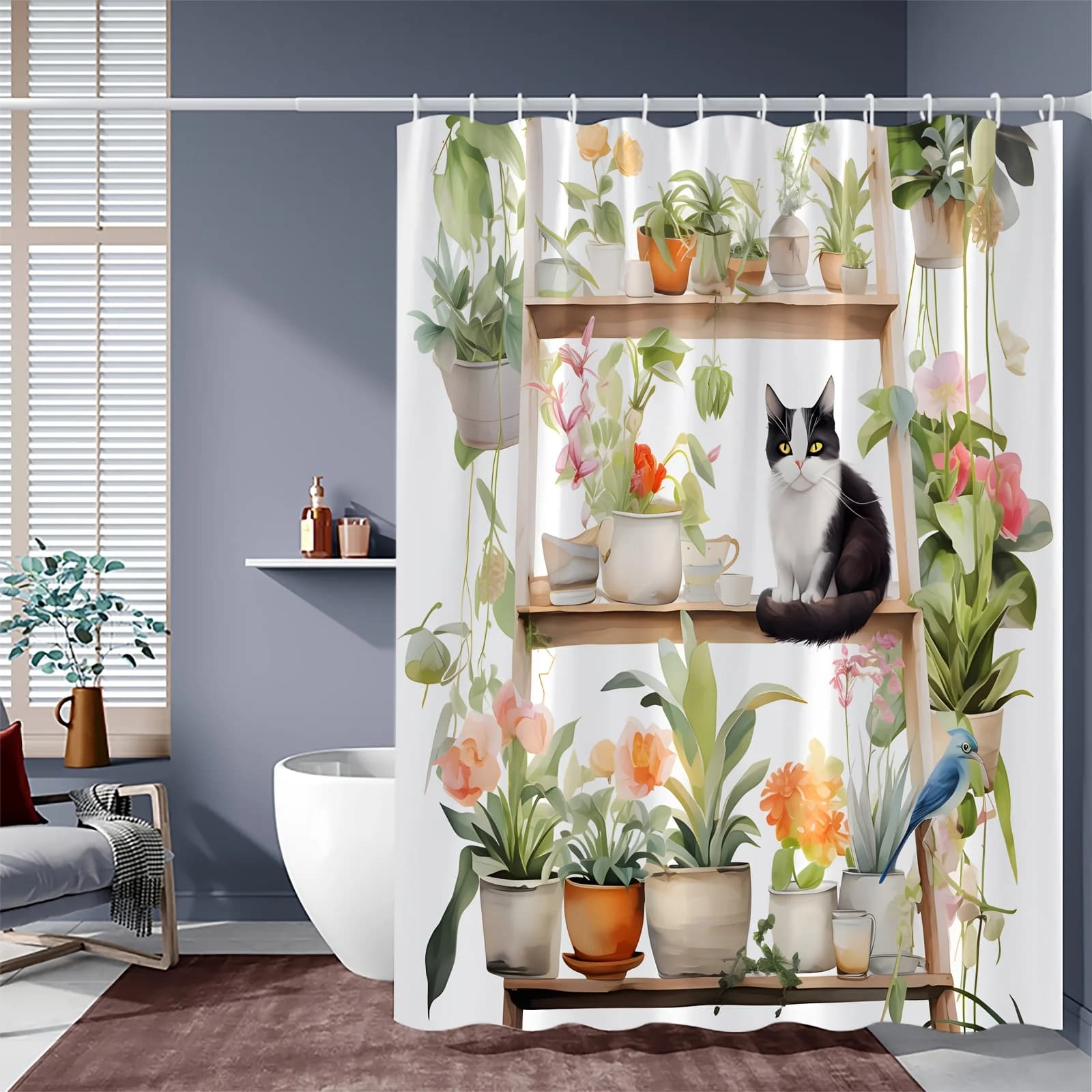 Affascinante tenda da doccia con gatti e fiori in fiore - Tessuto resistente all'acqua per il bagno - Perfetta per gli amanti della natura e dei gatti