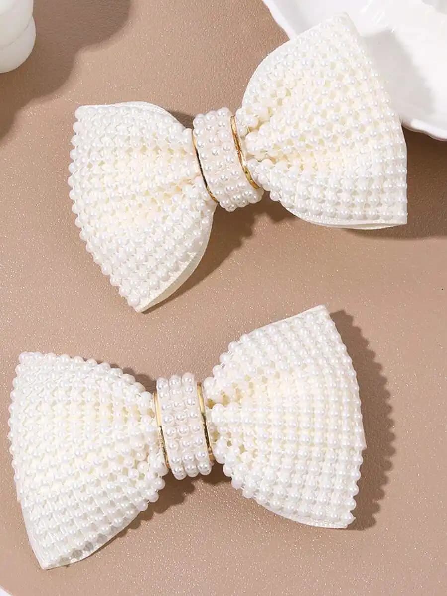 2pcs Pearl Bow Hair Clips - Beige, Elegant Crocodile Clip Bowknot Hair Accessories, Vintage Gentle Pearl Bow Hair Clips, Suitabl