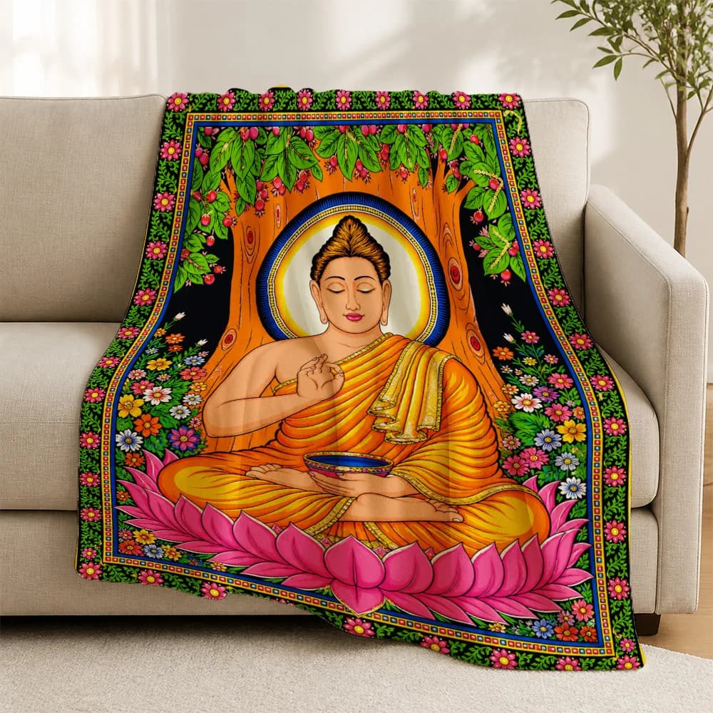 Spiritual Buddha Lotus Zen Throw Blanket for Sofa Couch Decor Meditation Yoga Spiritual Cushion Cover Art Gift Home Accent