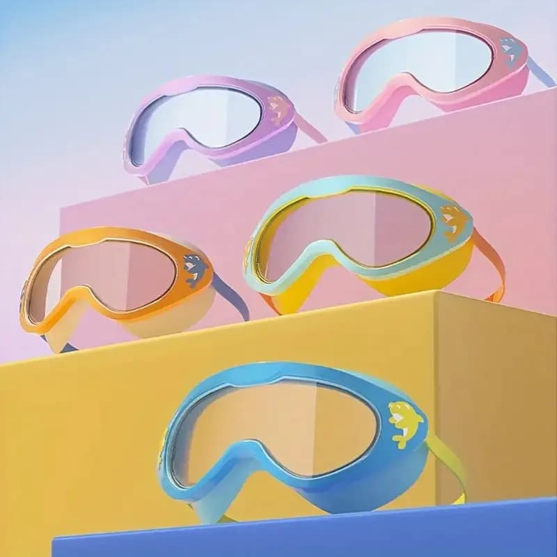 Sunglasses with large decoration dolphin cute cartoon for children, waterproof adjustable silicone band and high definition anti-fog.