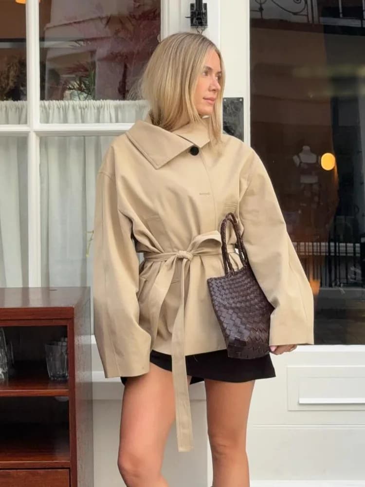 HH Cappotto corto da donna High Street Tasche con risvolto Cintura monopetto Donna Autunno Moda Maniche lunghe Giacche solide