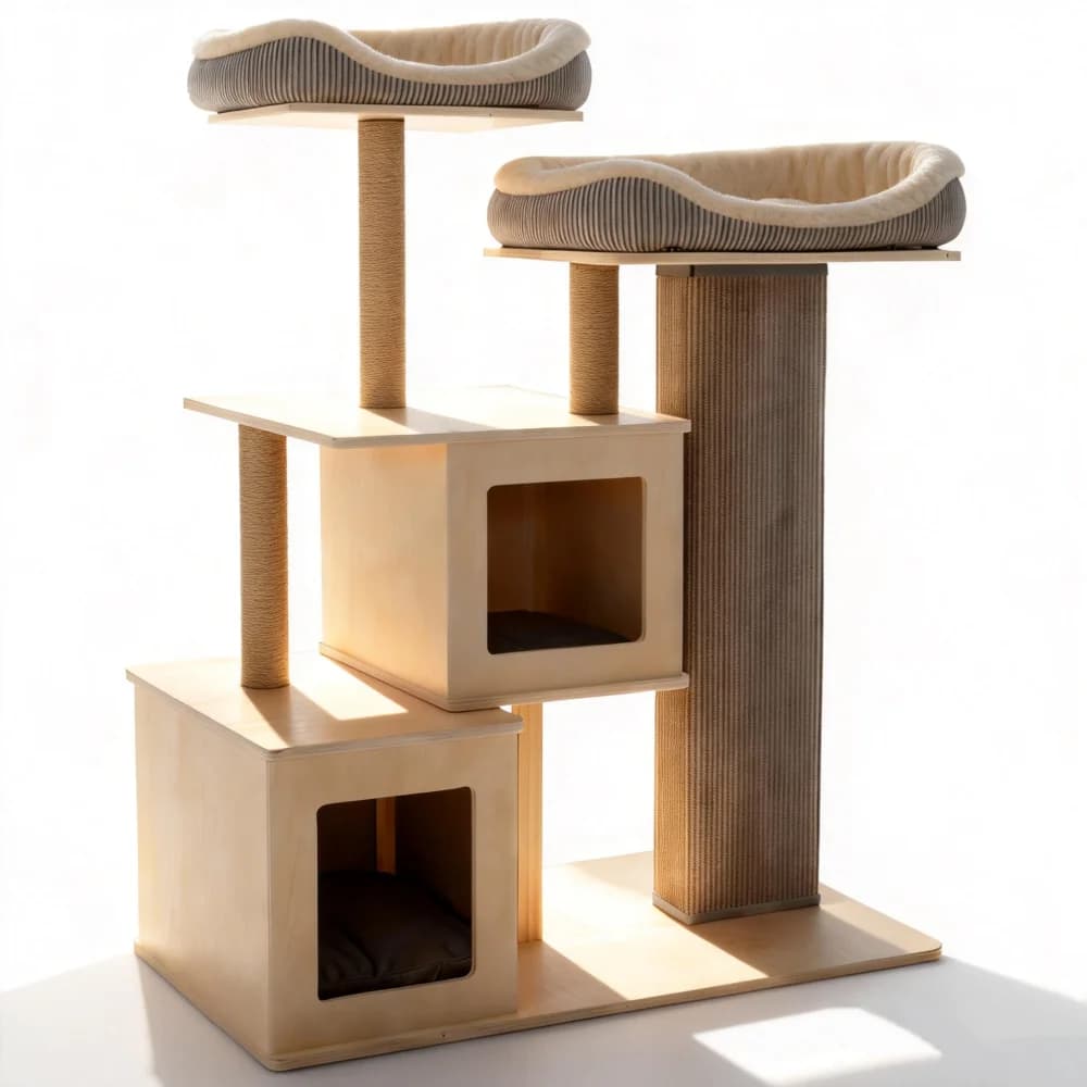 Tiragraffi per Gatti Moderno di Lusso in Sisal e Legno con Letto e Piattaforma di Riposo - Personalizzazione OEM
