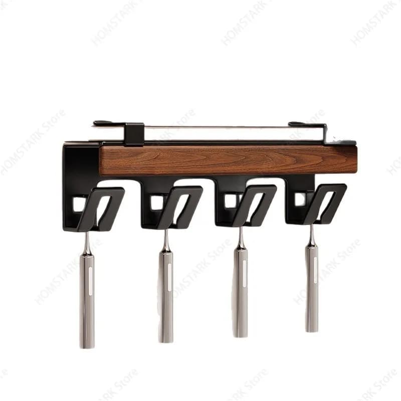 No-Drill Walnut Wood Toothbrush Holder, Under Mirror Cabinet Rack for Mouthwash Cup & Toothbrush Bathroom Wall Storage Organizer