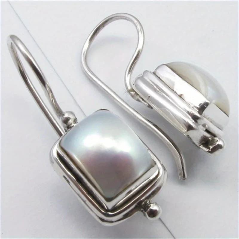 Ethnic Silver Pendant Earrings with White Stone, Square Cut, for Woman, Daily Use and Party