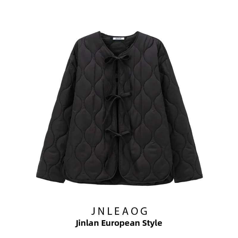 JNLEAOG Women's Cotton Jacket Coat with Bow Tie Design Autumn New Style Ladies' Short Outerwear Standard Fit Polyester Fabric