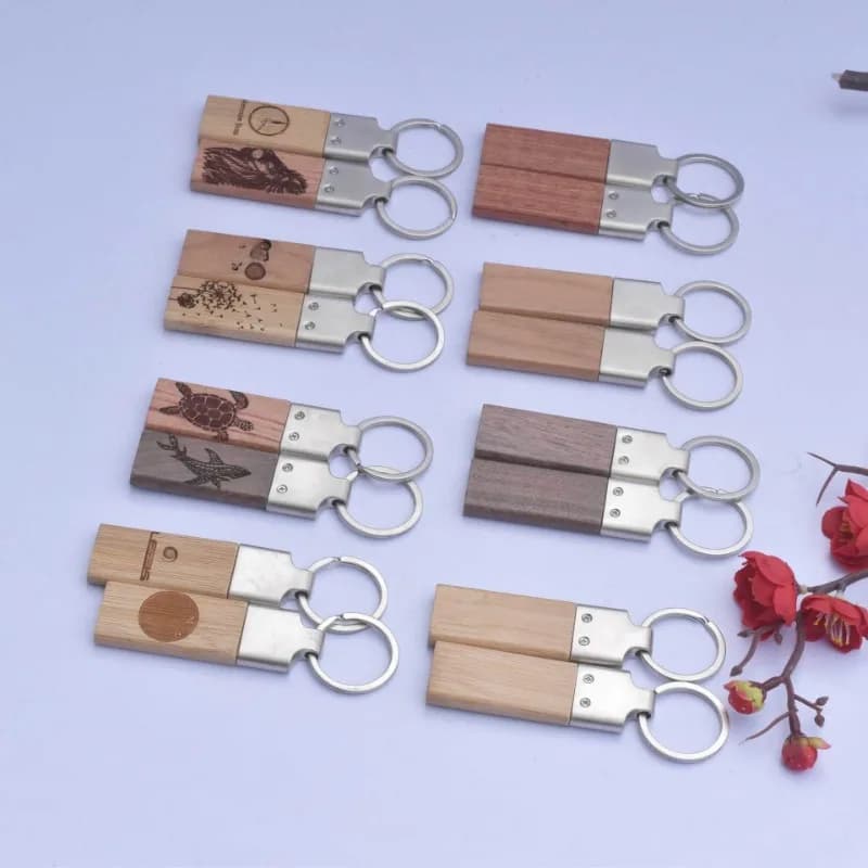Custom Logo Keychain White Metal Keychain with Long Wood Label with Laser Engraving Keychains for Car Custom Keychains in Rosewood and Walnut