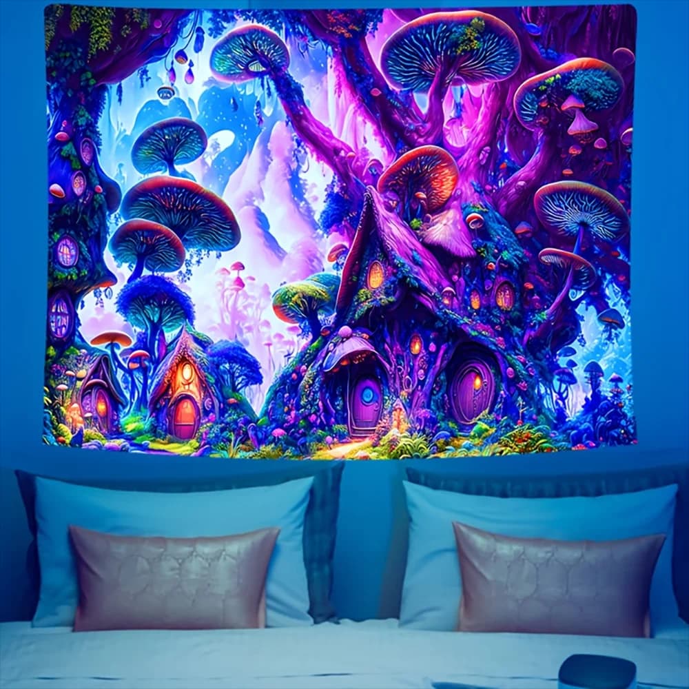 1pc Enchanted Mushroom Fairy Village UV Blacklight Tapestry, Psychedelic Glow in The Dark Wall Hanging for Bedroom Living