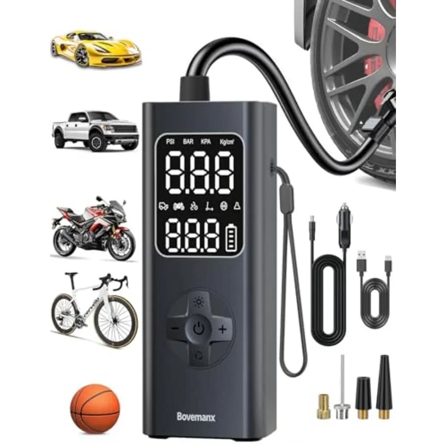 Compressore d'aria portatile per gonfiaggio pneumatici [150PSI Doppia Alimentazione][7800mAh e 12V DC] Pompa ad aria per pneumatici auto con display LED e funzione automatica