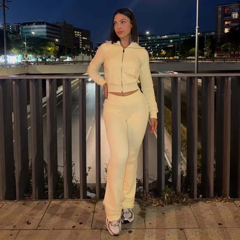 Women's 2 Pieces Set Casual Lapel Long Sleeve Zipper Jacket & High-Waisted Flared Trousers suit 2026 spring New In Matching Sets