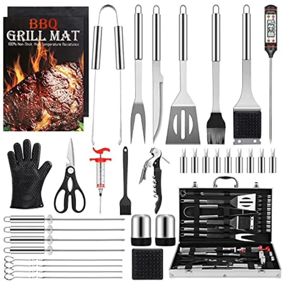 Set per Barbecue, Regalo per Uomini, 34 Pezzi di Utensili e Accessori per Grigliate all'Aperto con Custodia in Alluminio, Spatola, Pinze e Spiedini