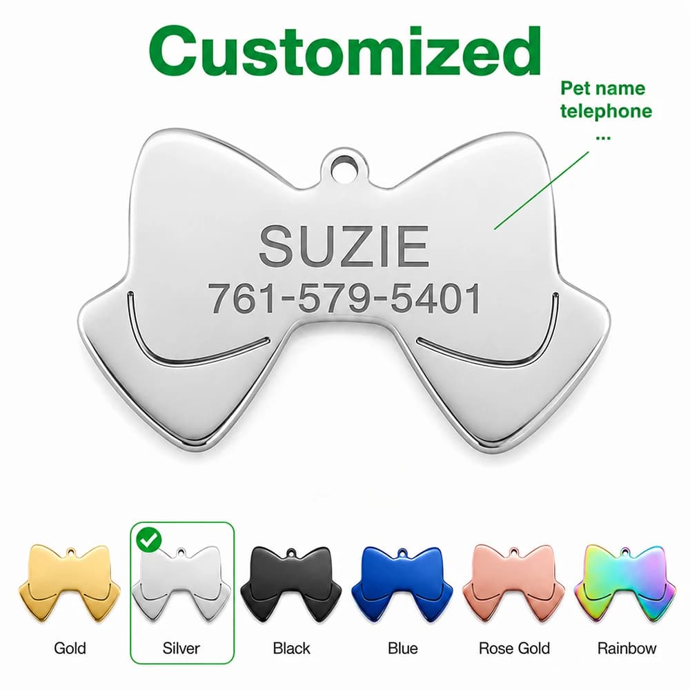 Bow Custom Text Dog Tag Personalized Name Pets ID Tag Laser Engraving Number Stainless Steel Pendant Customized Text Dog Tags