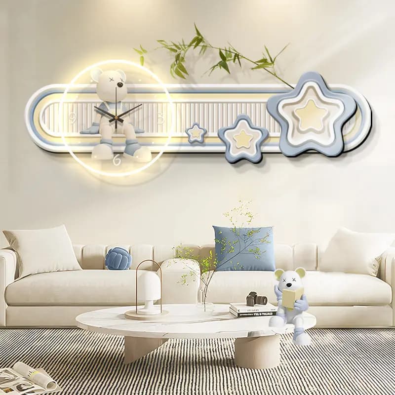 Oil style living room decoration painting, clock, multi-layer sofa, background wall, teddy bear, high-end feeling, bedroom wall