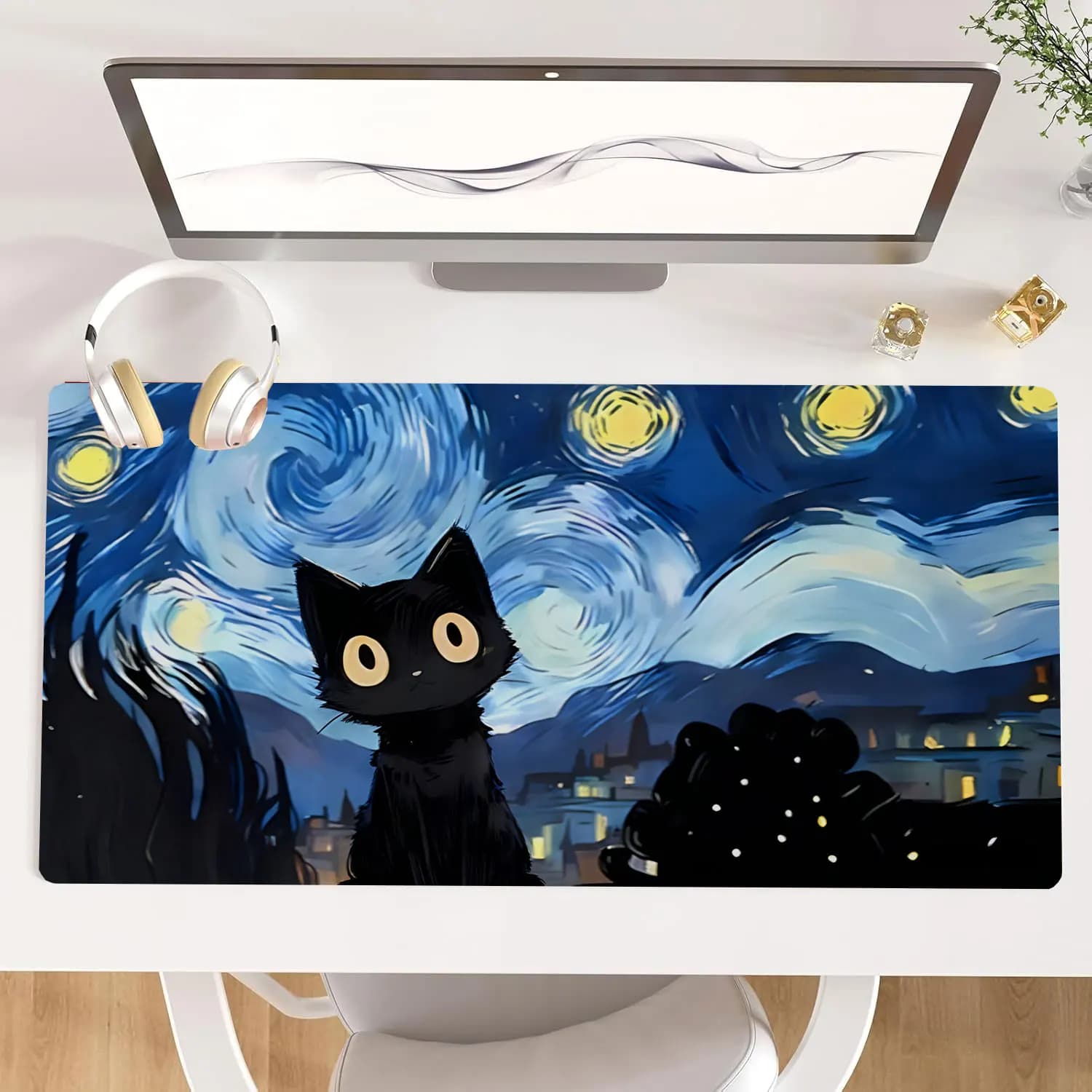 Tappetino per mouse grande, Tappetino per mouse da gioco XXL esteso con gatto nero e pittura a olio con cielo stellato, con bordi cuciti, base in gomma antiscivolo