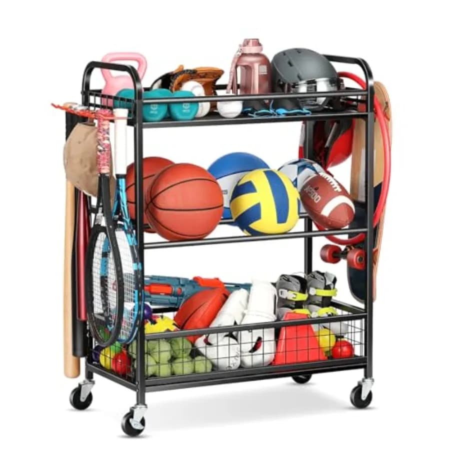 Allenatore di tiro a canestro con ruote e supporto a 4 livelli per palloni da basket, calcio e pallavolo, con telaio in metallo resistente
