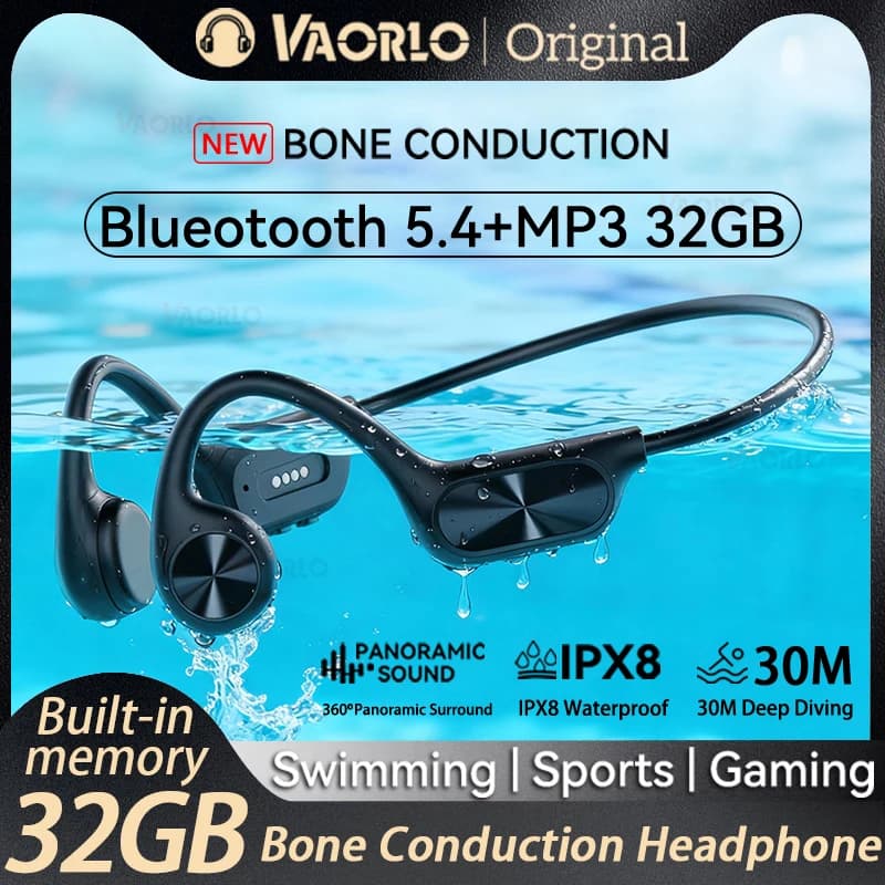 New IPX8 waterproof swimming earphones bone conduction headphones with MP3 player 32G Bluetooth 5.4 wireless LED display
