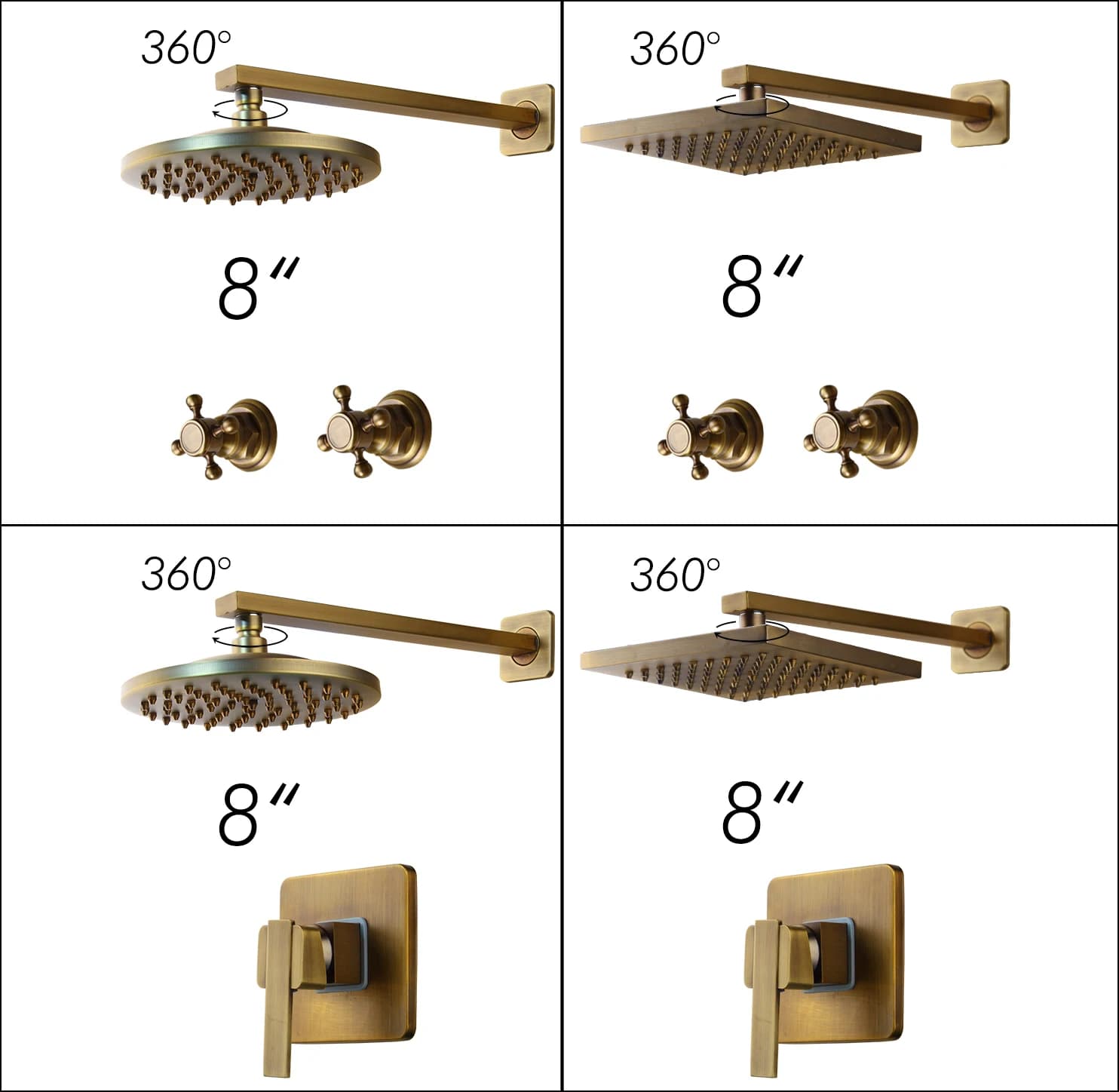 Set doccia a 2 maniglie Head 2 Handles, nero ORB, 8 pollici, in ottone anticato, a parete, con soffione a pioggia per bagno