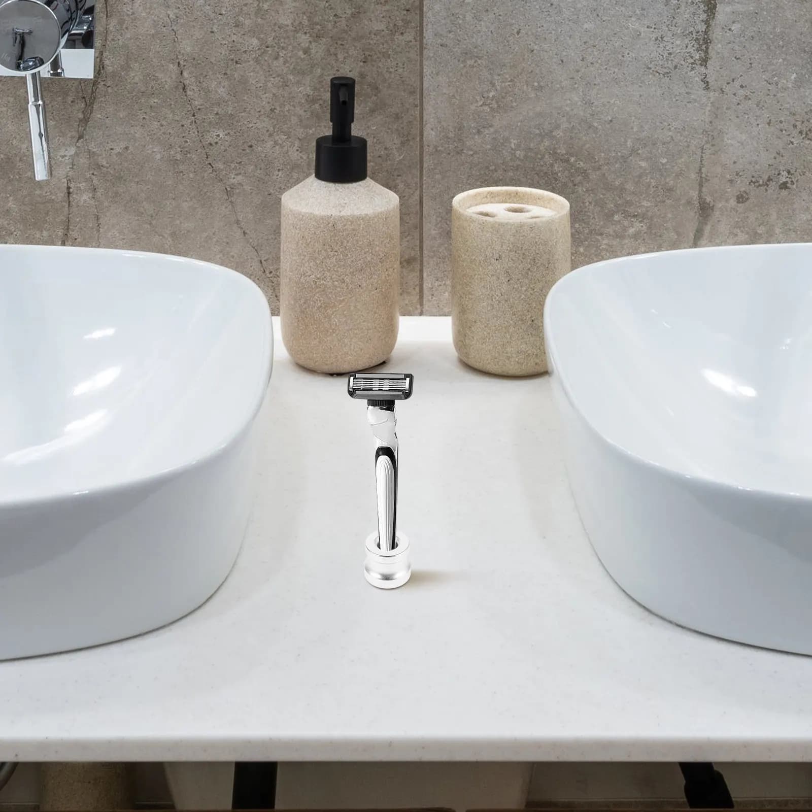 Manual Razor Stand Aluminum Alloy Shaving Brush and Toothbrush Holder Stable Bathroom Countertop Organizer