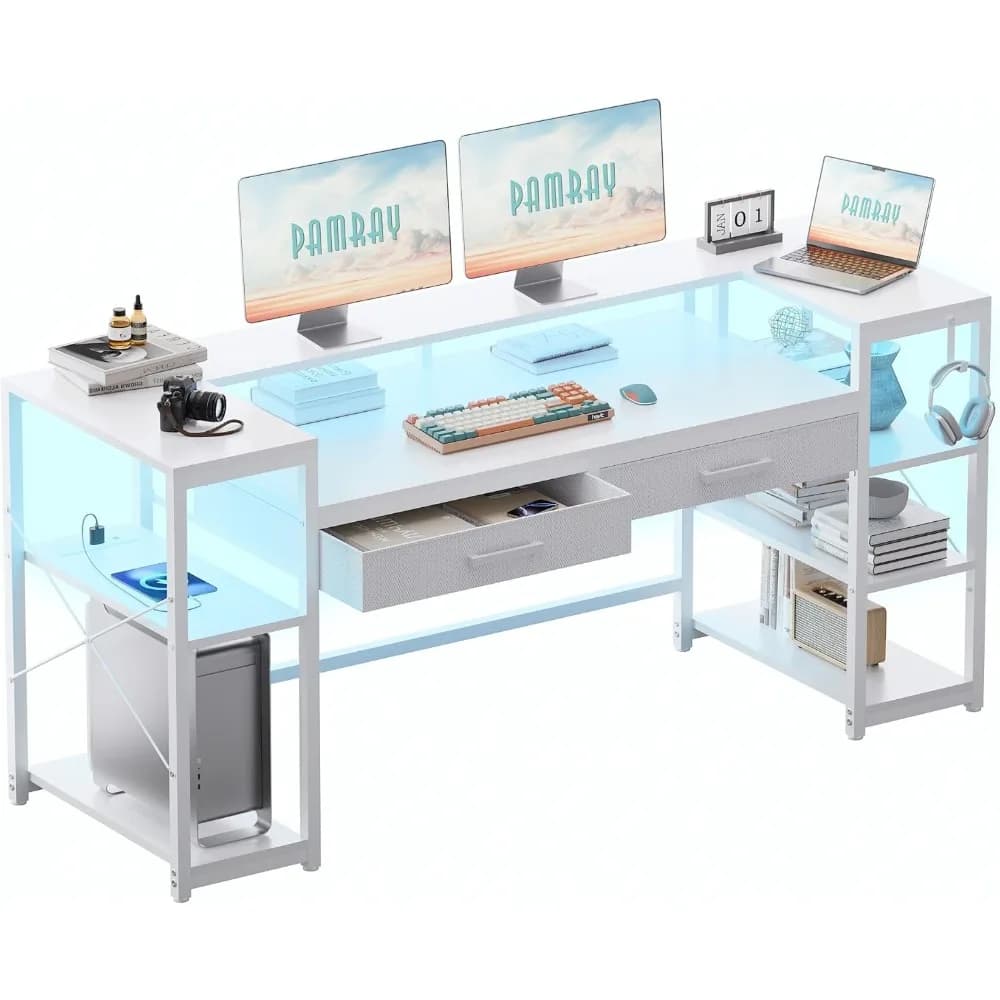 58 inch computer desk with support for monitors and shelves Play desk with LED lights and sockets Toilet table for PC with 2 drawers