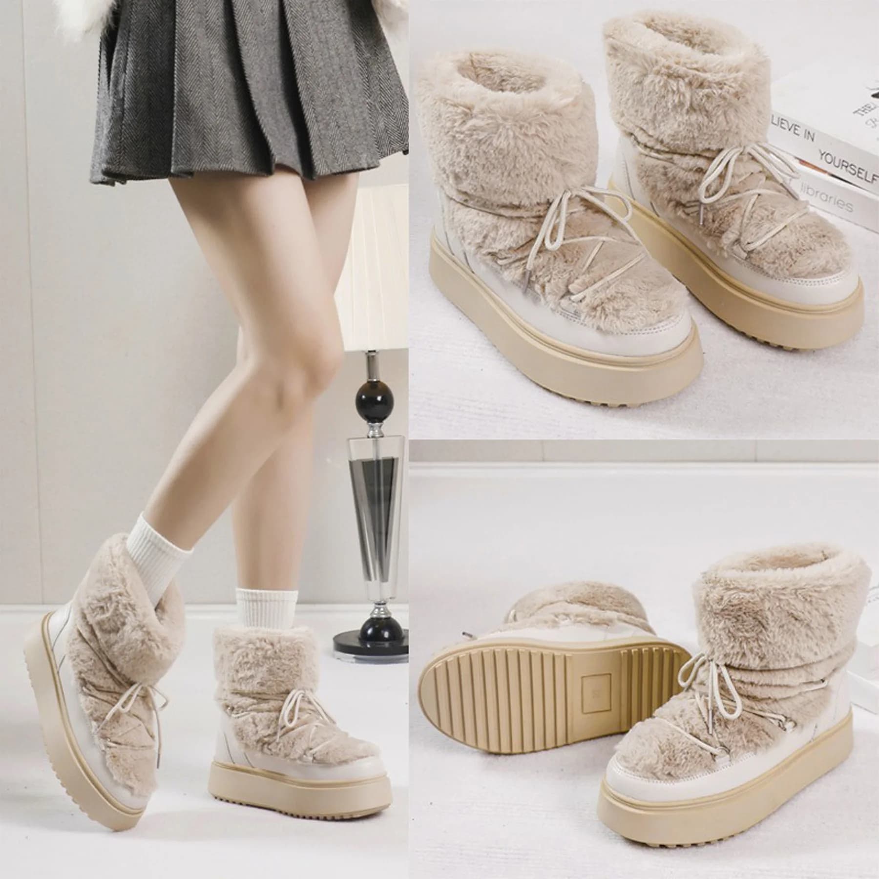 Stivali da neve in pelliccia sintetica Donna Inverno caldo Stivaletti con plateau impermeabili Stringati Beige Scarpe da sci casual da esterno Scarponi da trekking
