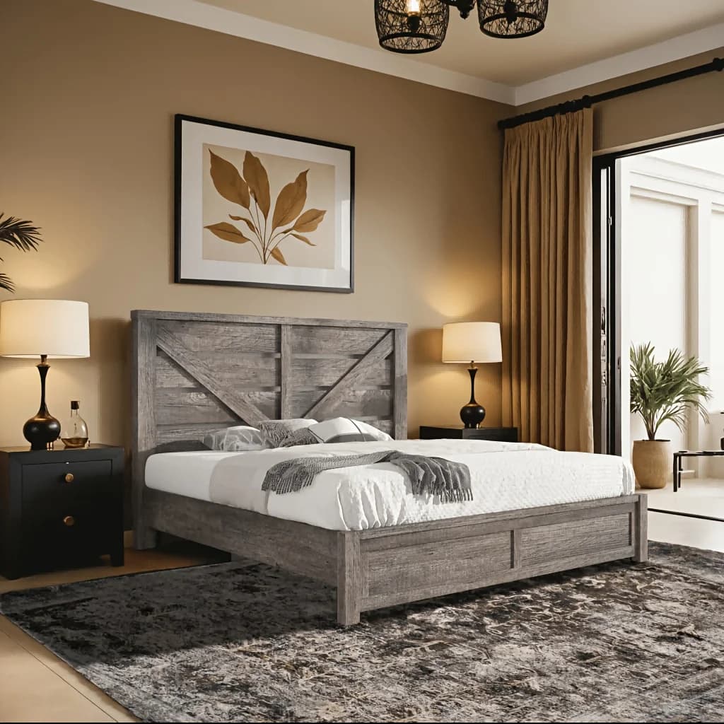 Struttura letto stile rustico con testiera a porta scorrevole da 49,2 pollici, struttura letto a piattaforma con doghe in legno, spazio contenitore sotto il letto, facile da montare, N