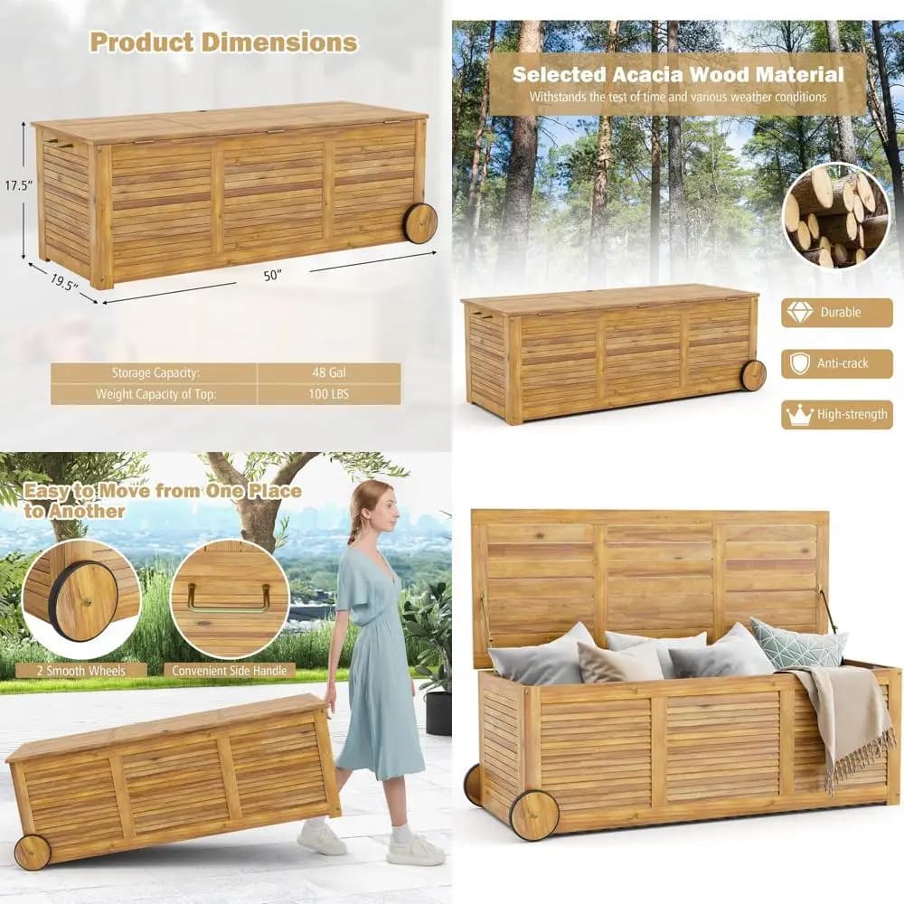 Contenitore da Esterno da 48 Galloni con Ruote, Copertura Impermeabile, Ideale per Patio, Bordo Piscina, Giardino e Cortile