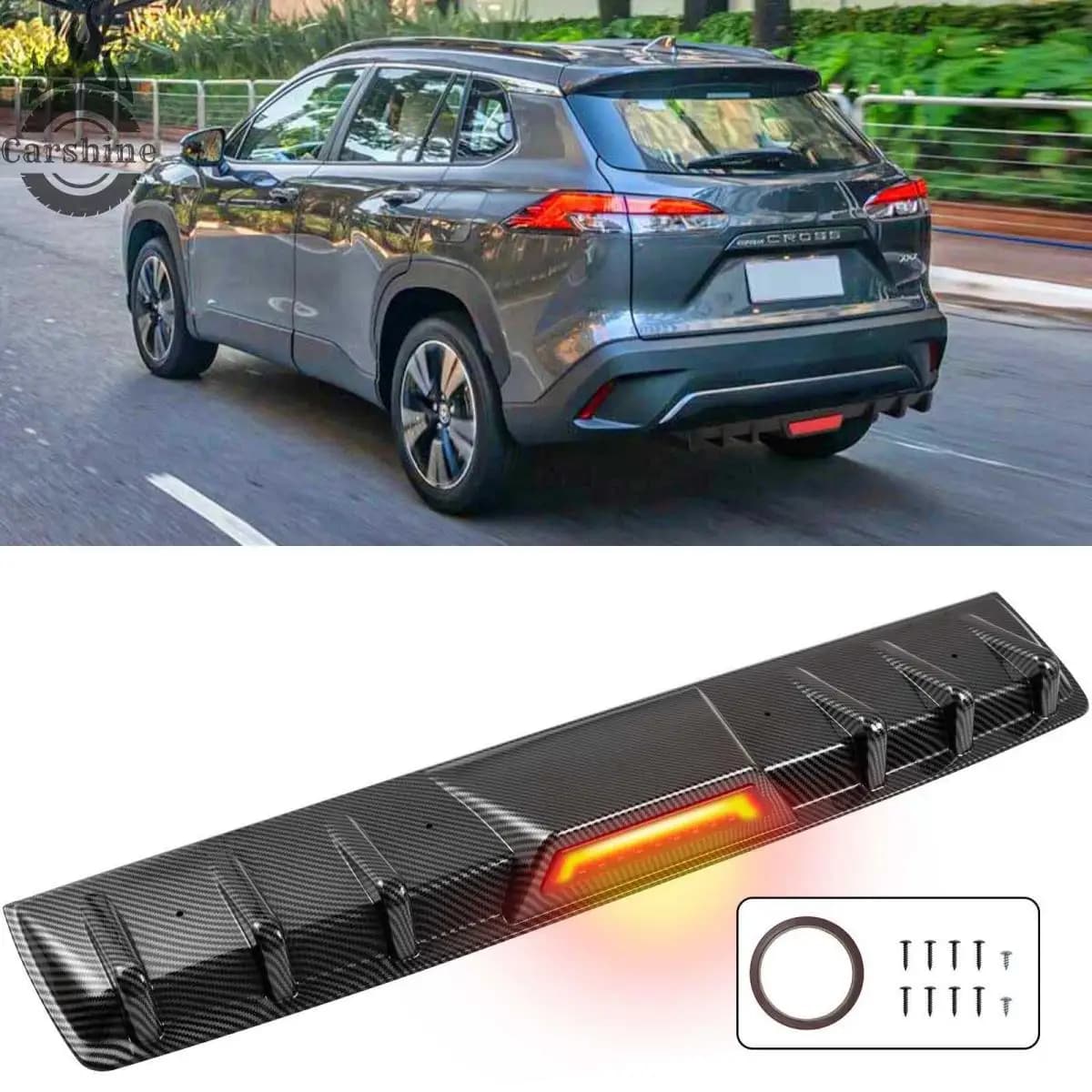 Luce freno a LED con labbro diffusore paraurti posteriore incrociato in fibra di carbonio per Toyota Corolla