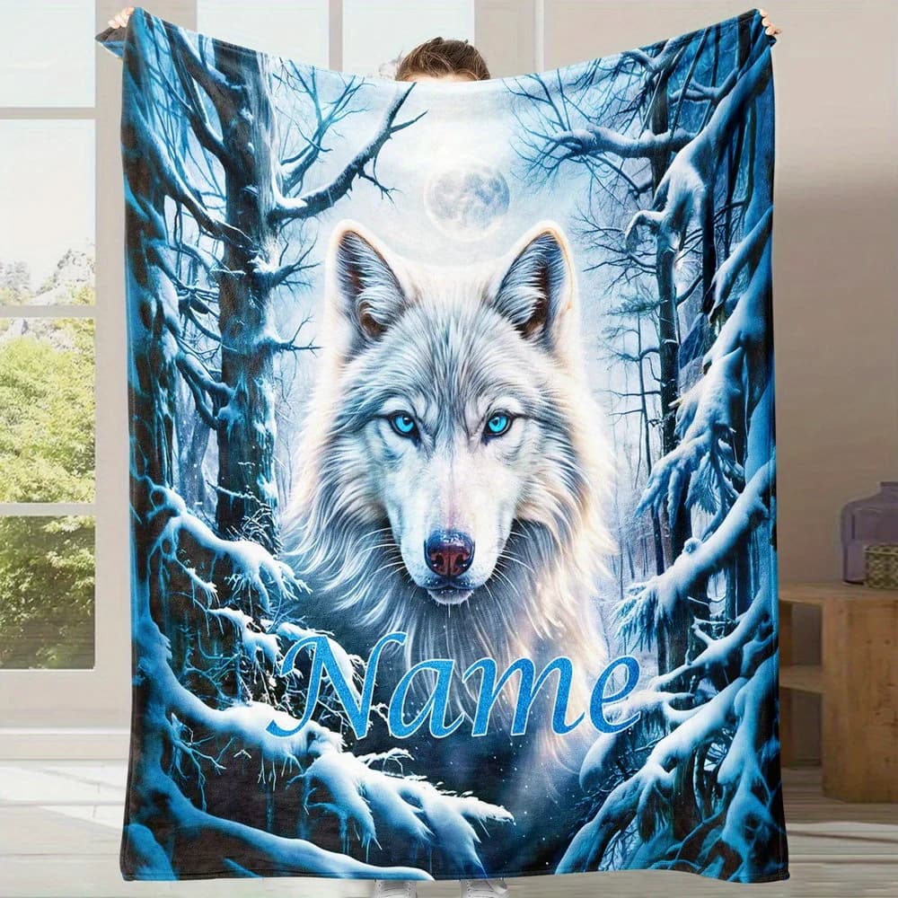 1 customized wolf themed blanket with personalized name, soft flannel material, winter forest design, moon and snowflakes
