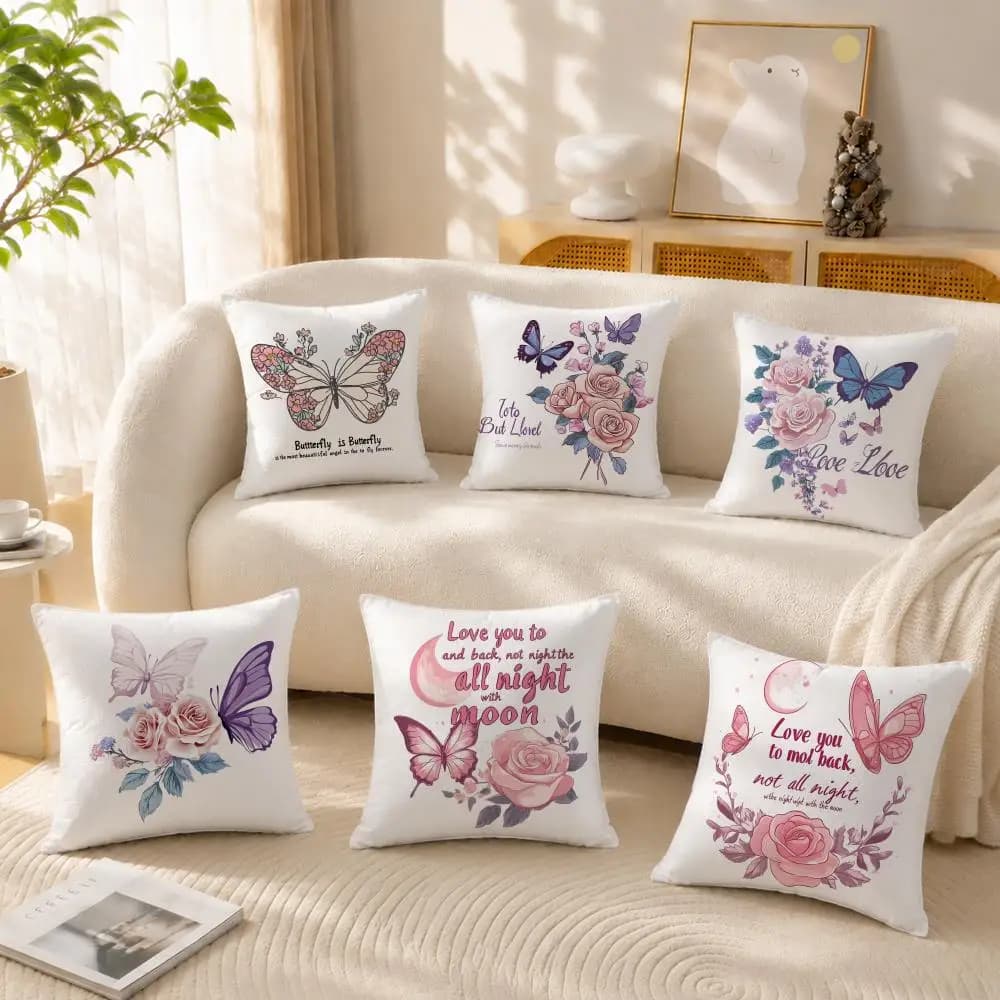 Flowers and butterflies Cushion Cover Anti-dustmite Pillowcase Invisible zipper silky short plush Sofa cushion cover