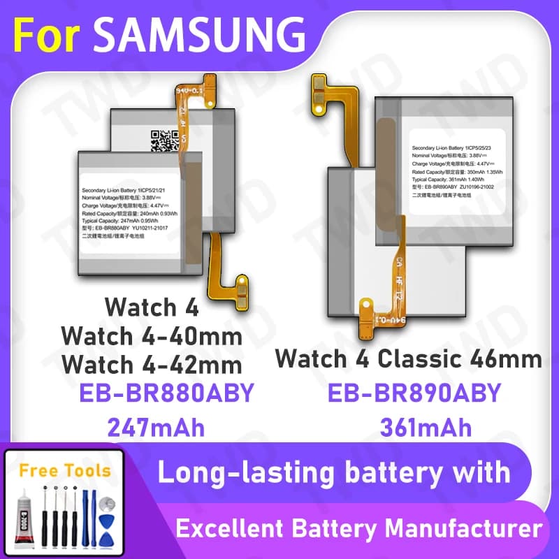 Batteria per Samsung Galaxy Watch 4 40 42 44 46mm EB-BR880ABY EB-BR890ABY Alimentazione stabile + strumenti gratuiti