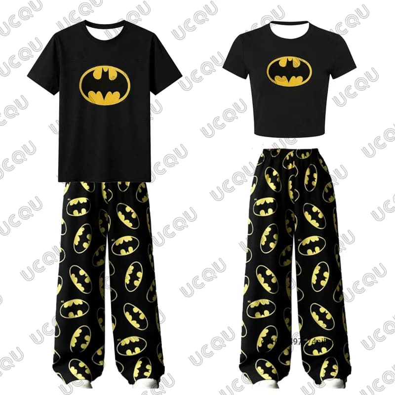Women's Summer Dress with Batman Print: Crop Top Sexy T-shirt + Pigiama Pants, 2 Piece Casual Set