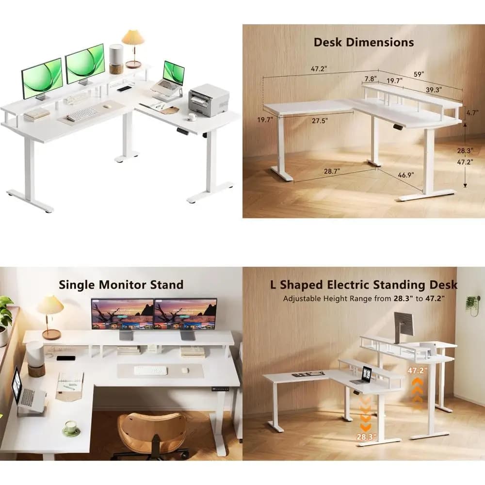 59 inch L desk with adjustable height and support for monitor, Sit-Stand office desk with current socket