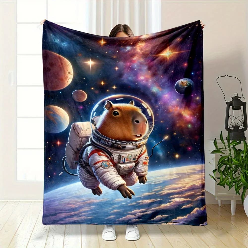 Accogliente coperta stampata in flanella capibara con tema spaziale adatta a tutte le stagioni adatta per divano da ufficio e viaggi