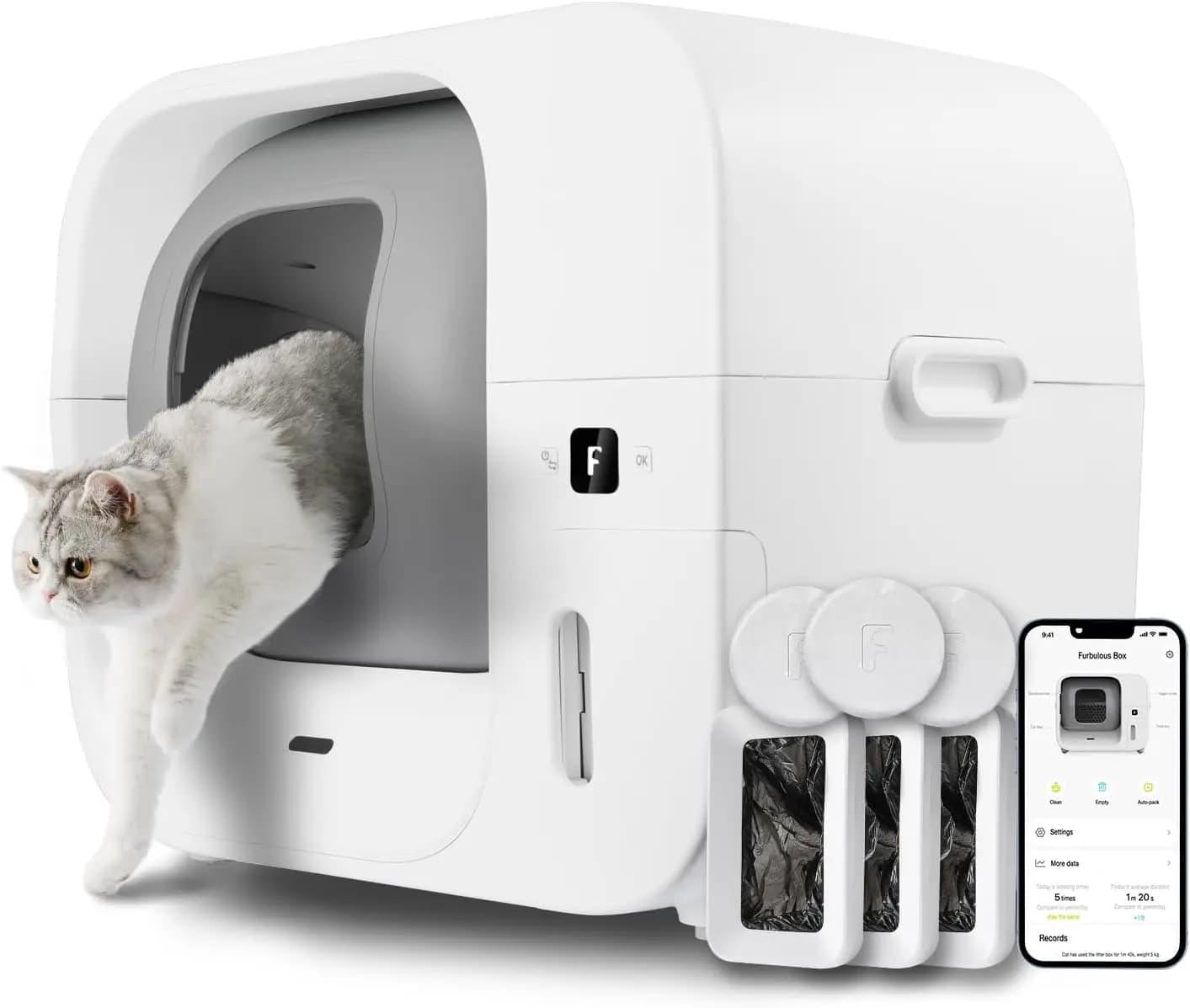 Lettiera per Gatti Automatica Autopulente Senza Odori, Extra Large per Gatti da 1,3-10 kg, Controllo Tramite App, Sistema di Auto-Imballaggio e Ricarica