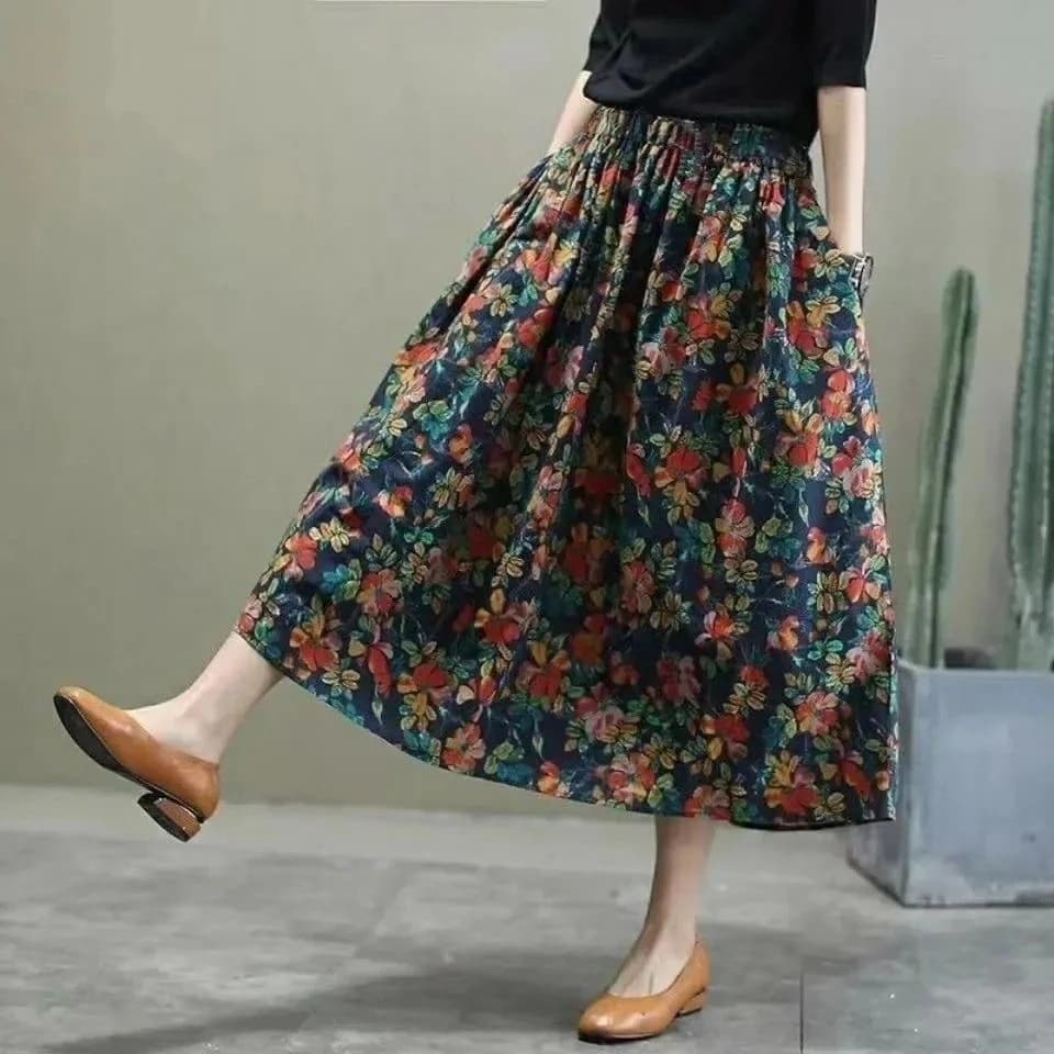 New Floral Print Midi Skirt High Waist Slimming A-Line Vintage Elastic Waist Mid-Length Skirt Spring Autumn Fashion Women's C...