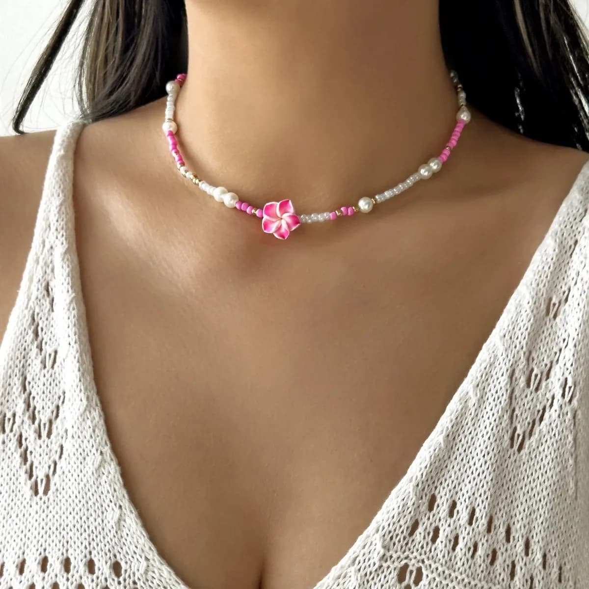 Frangipani Seed Bead Imitation Pearl Necklace Beach Bohemian Vacation Style Flower Necklace Fashion Trend Versatile