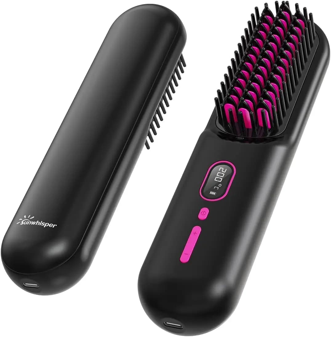 Spazzola Lisciante Senza Fili con 200M di Anioni, Pettine da Viaggio Portatile con Display LCD e 2 Clip - Nero