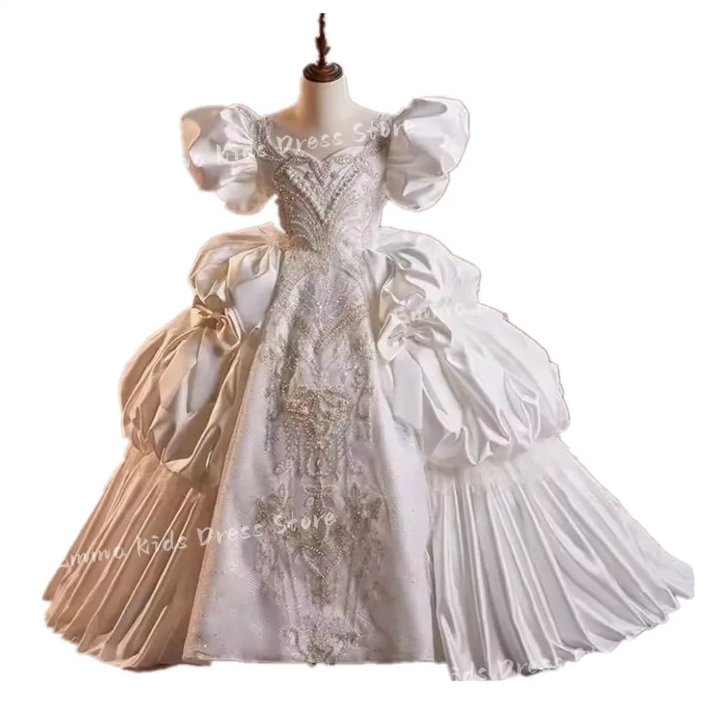 Abito da Damigella Vintage con Paillettes e Perline, Vestito da Bambina con Maniche a Sbuffo in Pizzo, Abito da Ballo per Prima Comunione, Compleanno, Stile Principessa