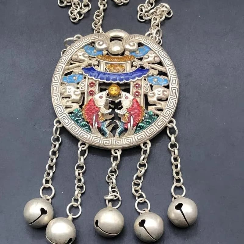 Vintage Cloisonne Fish Leaping Dragon Gate Lock Pendant, Retro Copper Lock Charm Sweater Necklace Ornament
