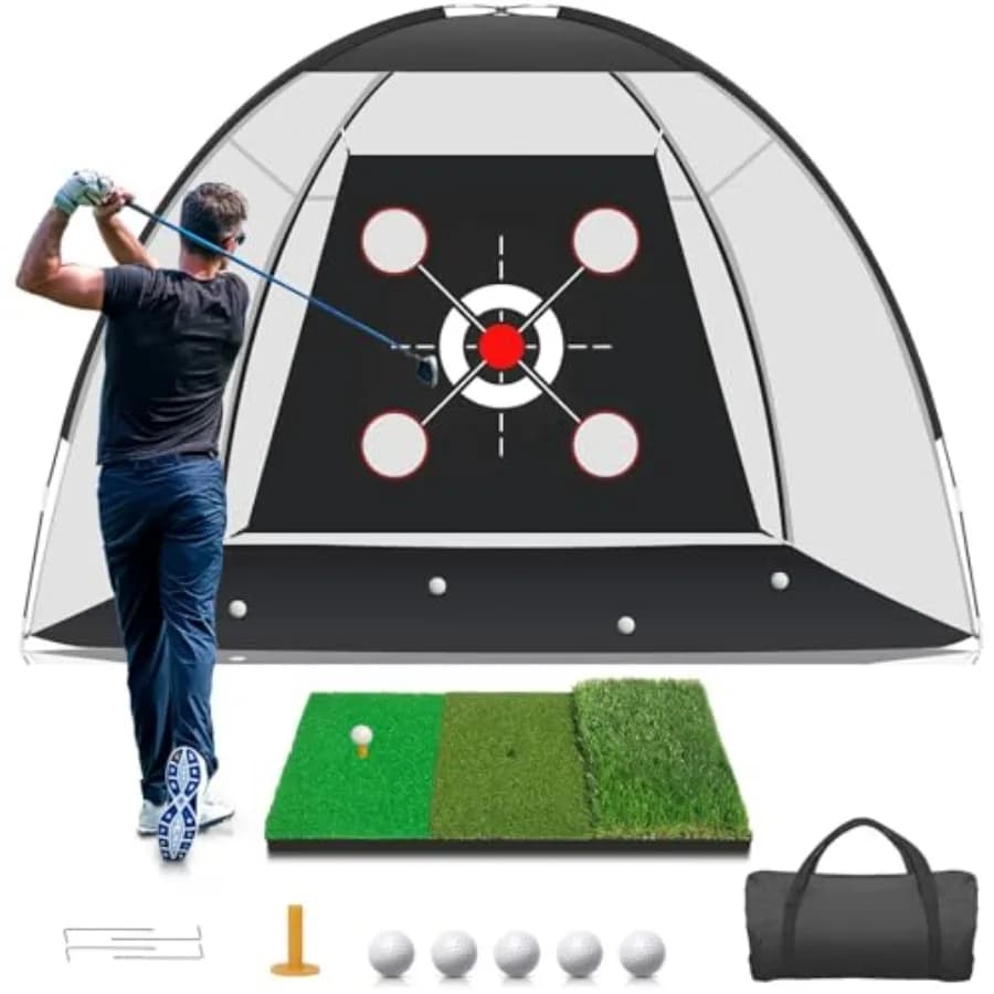 Rete da Golf con Tappetino da Allenamento, Rete di Pratica per Golf 10x7FT per Allenamento Swing, Chipping e Driving in Giardino con Tappetino Bersaglio e Palline