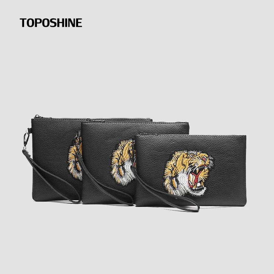 Borsa a Mano da Uomo Toposhine con Ricamo Testa di Tigre, Pochette in Pelle PU Premium con Cinturino da Polso, Disponibile nelle Taglie S/M/L (24/24/28 cm)