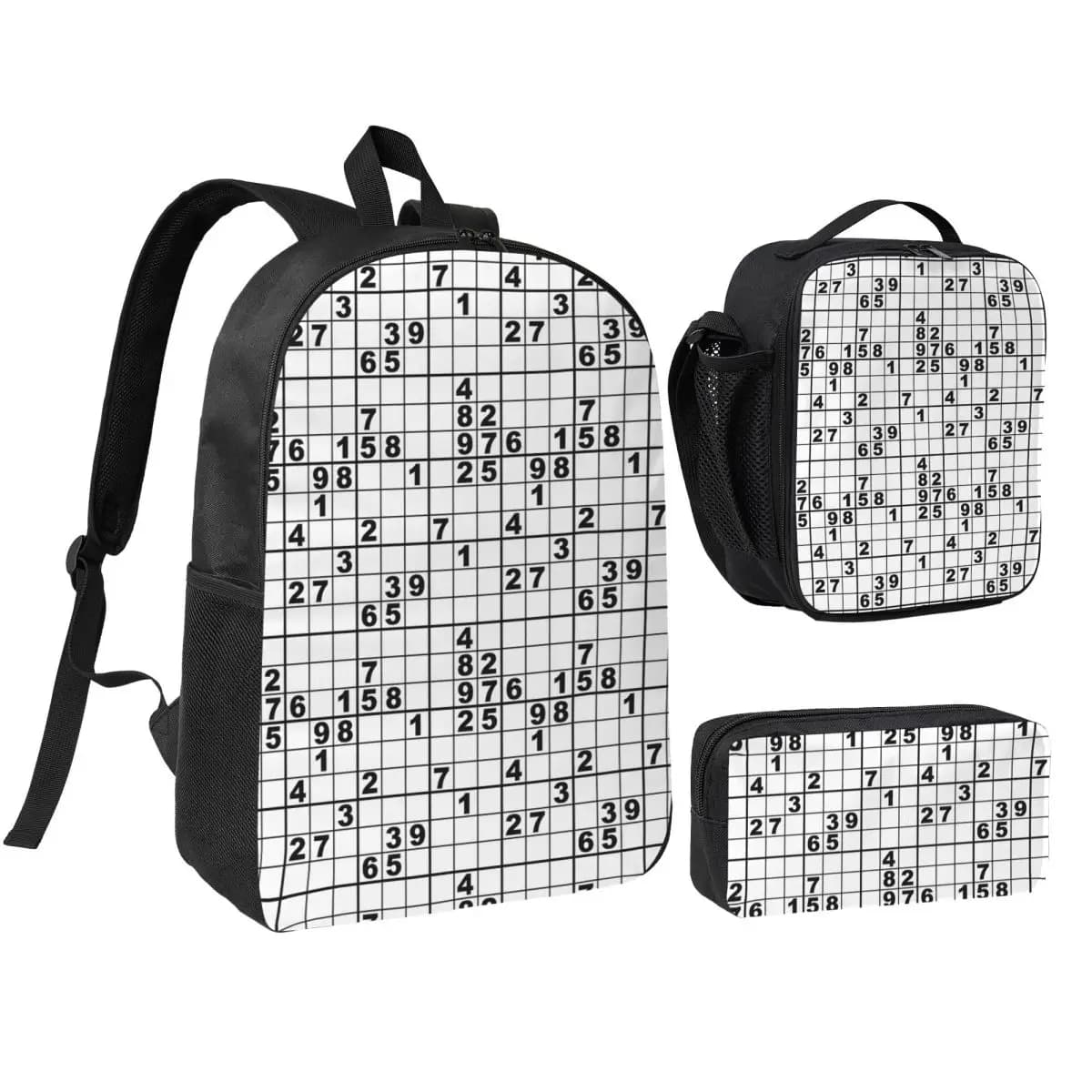 Zaino Sudoku per ragazzi e ragazze, borsa per libri, borsa da scuola, borse a tracolla, 3 pezzi, borsa termica per il pranzo, astuccio per matite