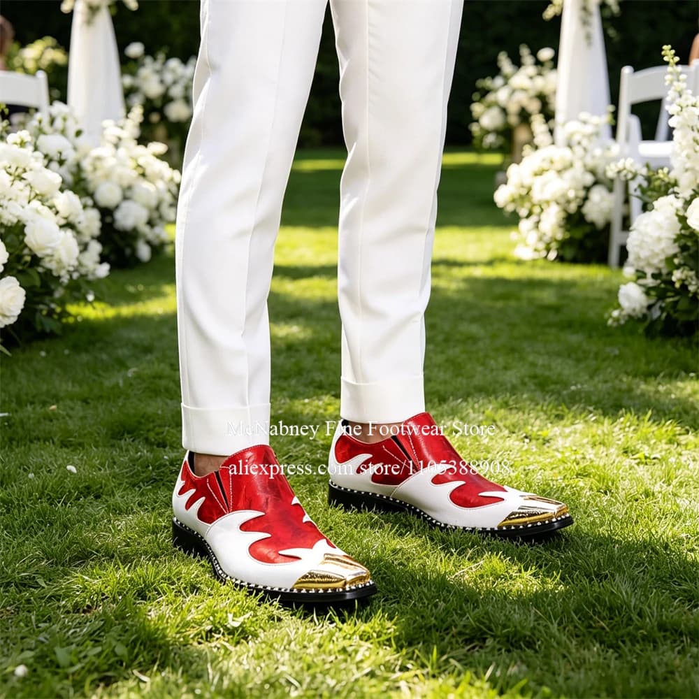 Luxury Red White Flame Pattern Metal Toe Men Loafers Leather Block Heel Slip on Dress Shoes Business Party Wedding Formal Shoes