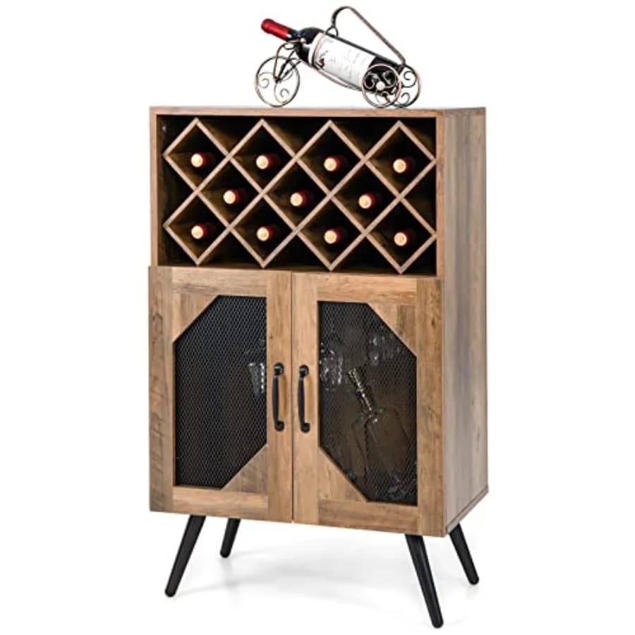 Mobile Bar Rustico per Vini con Portabottiglie da 11 Bottiglie, Credenza Industriale da Cucina con Design Anti-Ribaltamento, 2 Ante e Porta Bicchieri B