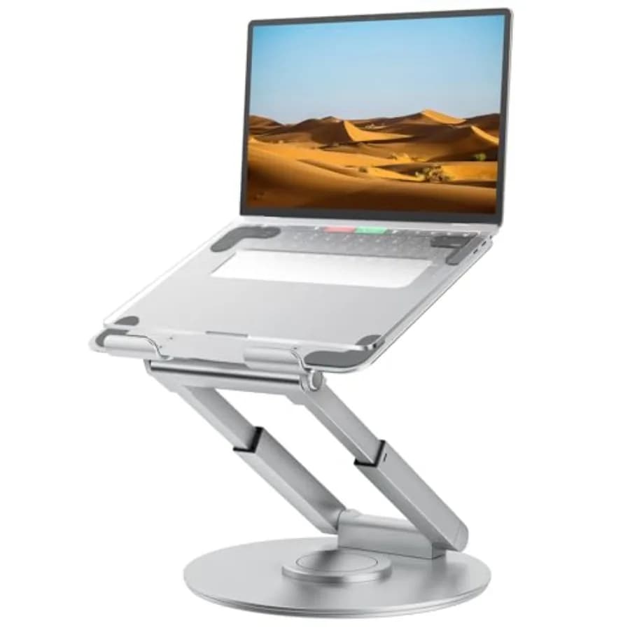 Supporto Telescopico per Laptop da Scrivania: Alluminio Nero, Base Girevole a 360°, Altezza Regolabile per Postura Ergonomica Seduta/In Piedi, Portatile