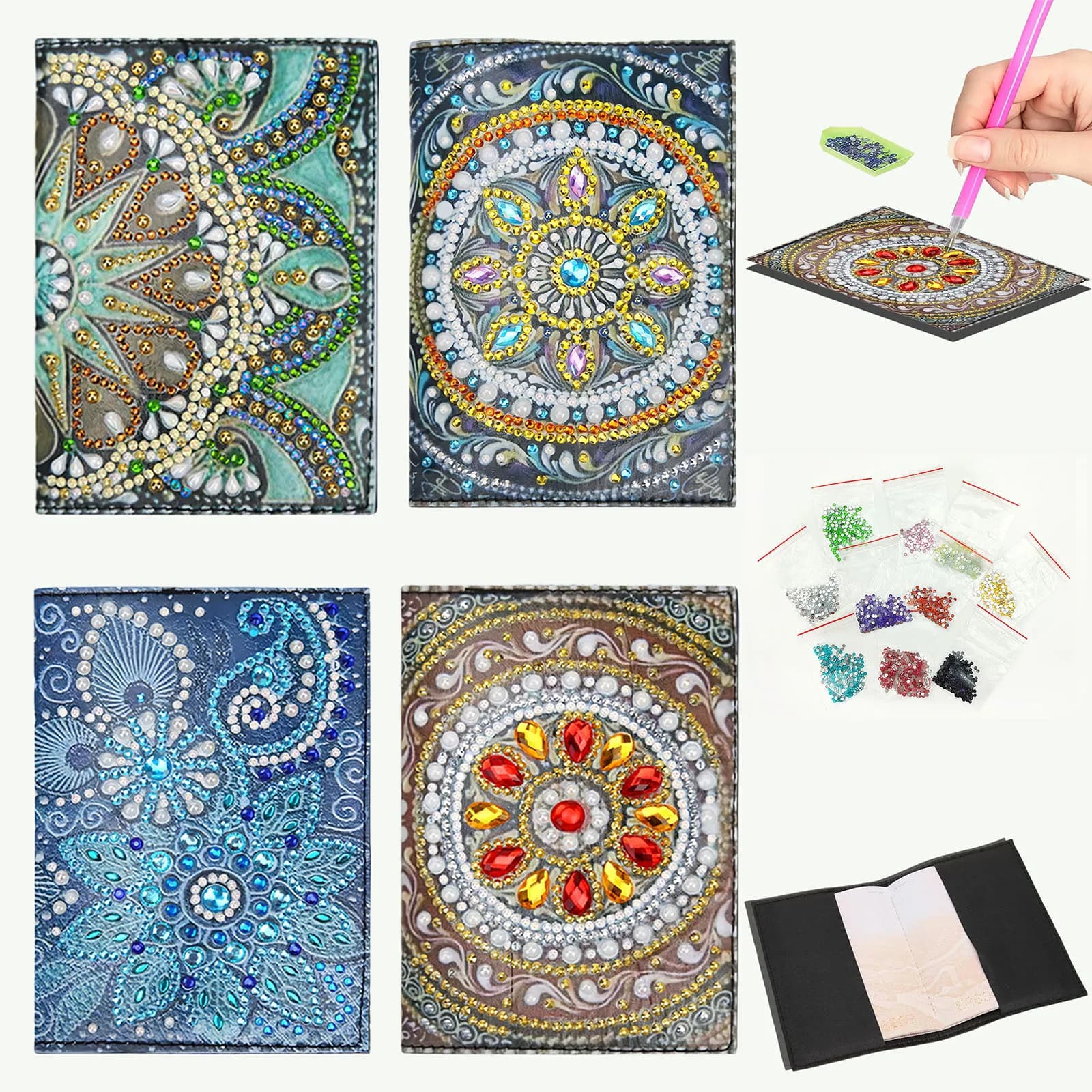 1 set di pittura con diamanti con motivo mandala fai-da-te, porta passaporto in pelle PU, adatto per porta passaporti da viaggio.