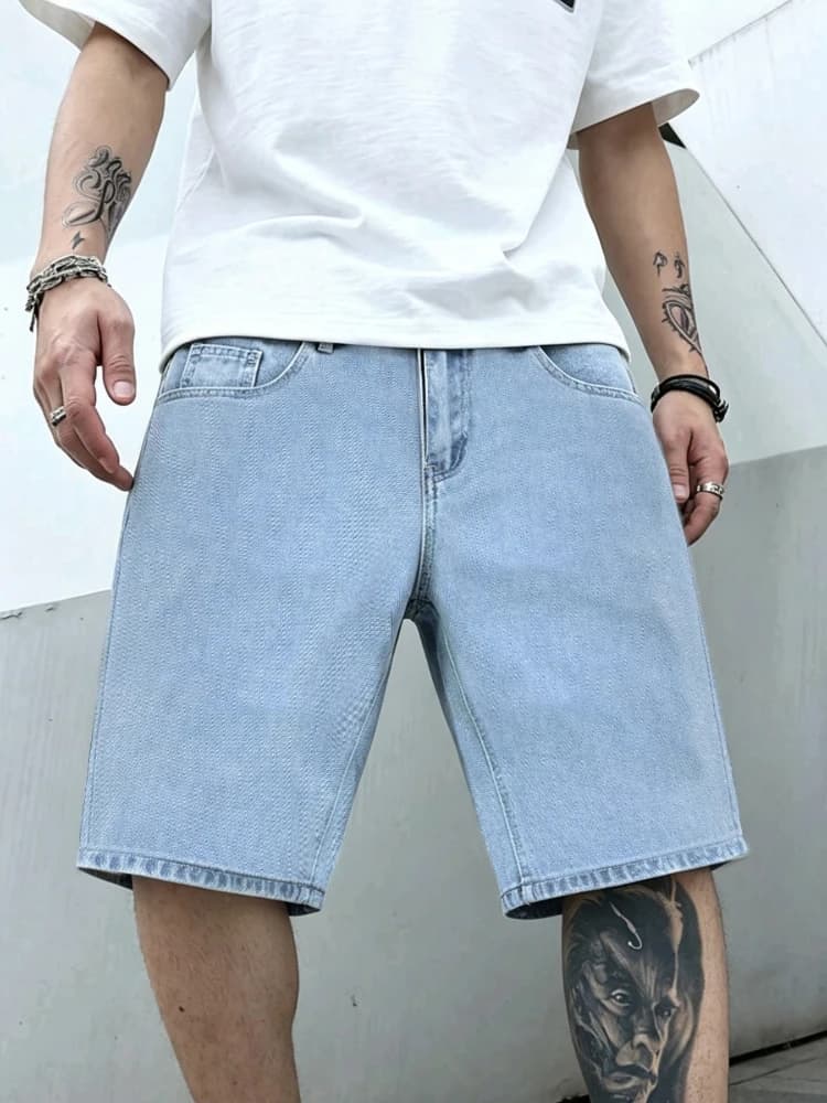 2026 New Street Denim Shorts Summer Casual Solid Color Washed Blue Straight Knee Length Jean Daily Streetwear Male Half Pants